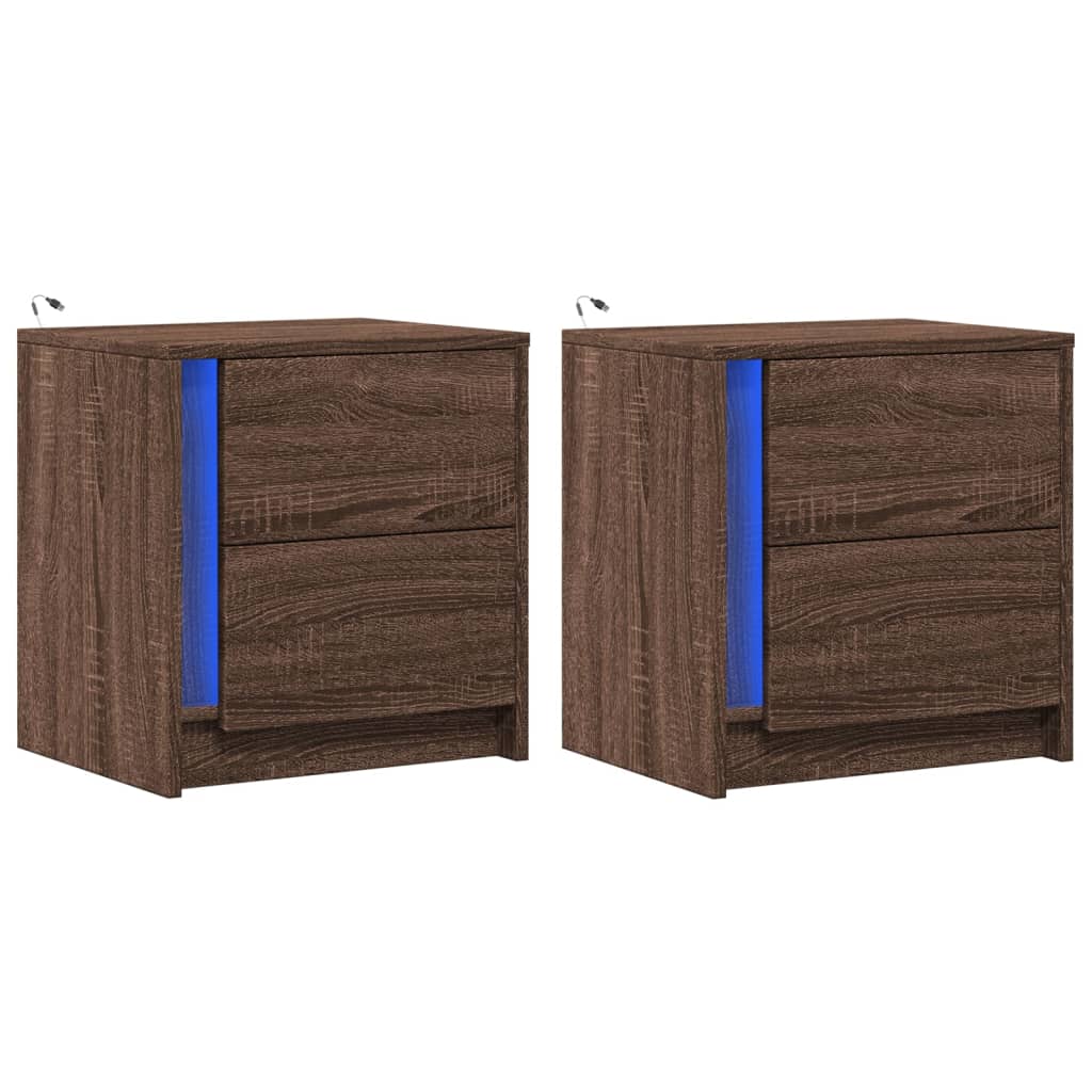 Nightstands with LED Lights, 2 pcs., Brown, Wood