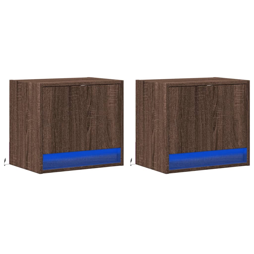 Wall-mounted bedside tables with LED, 2 pcs., brown oak