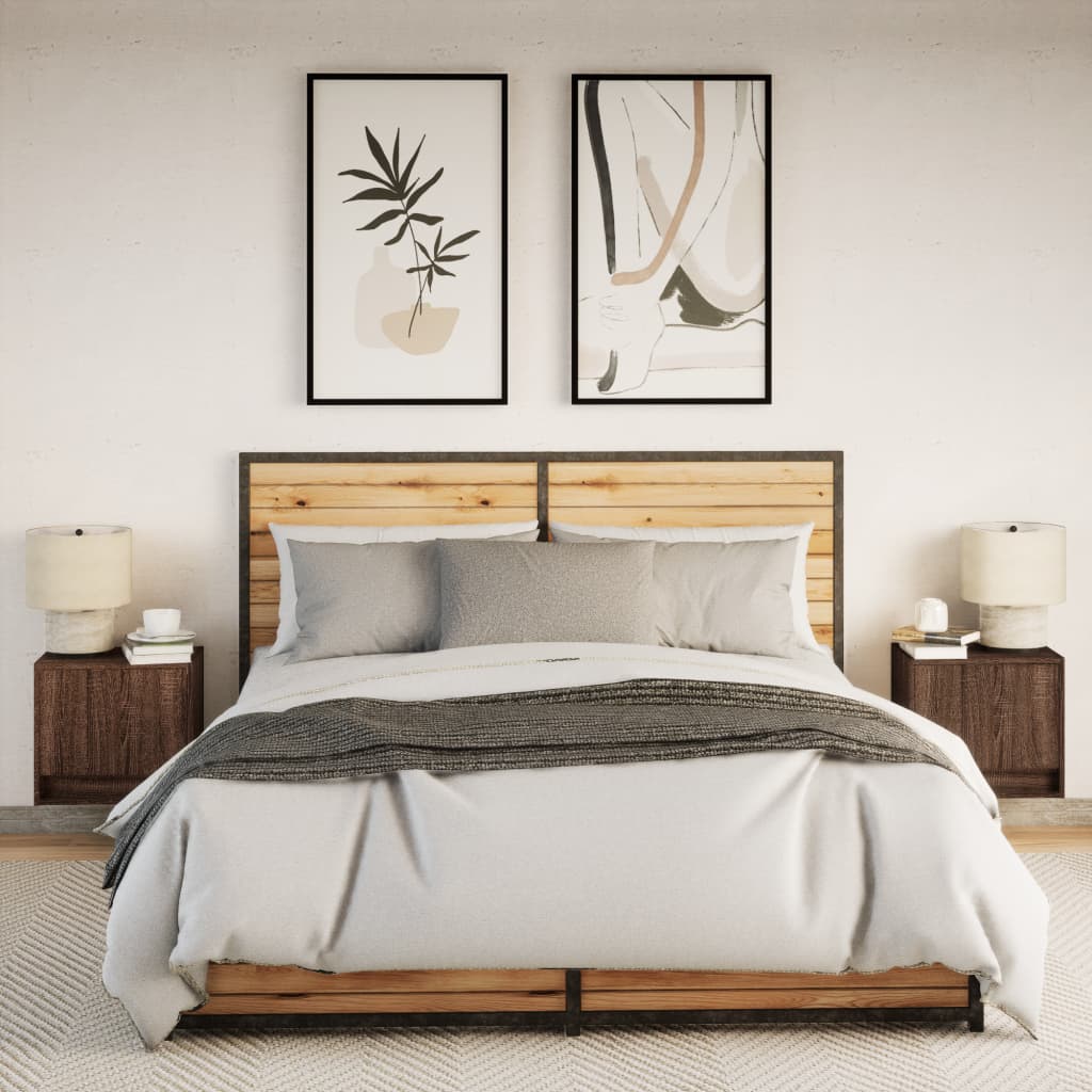 Wall-mounted bedside tables with LED, 2 pcs., brown oak