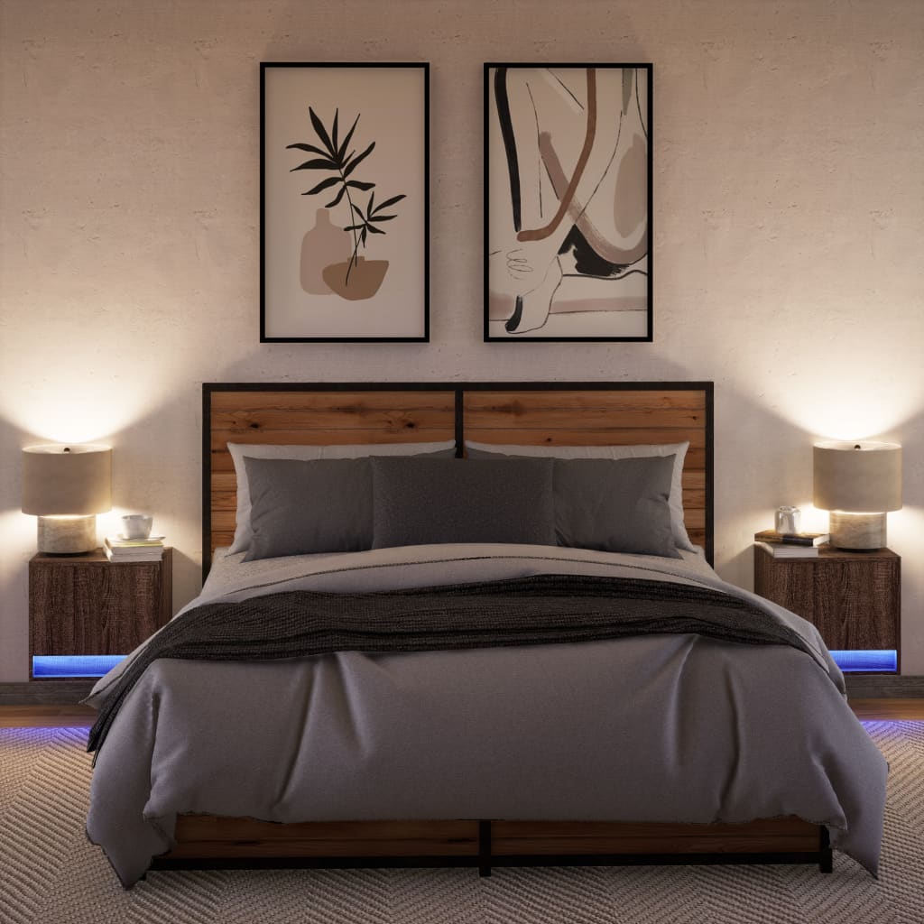 Wall-mounted bedside tables with LED, 2 pcs., brown oak