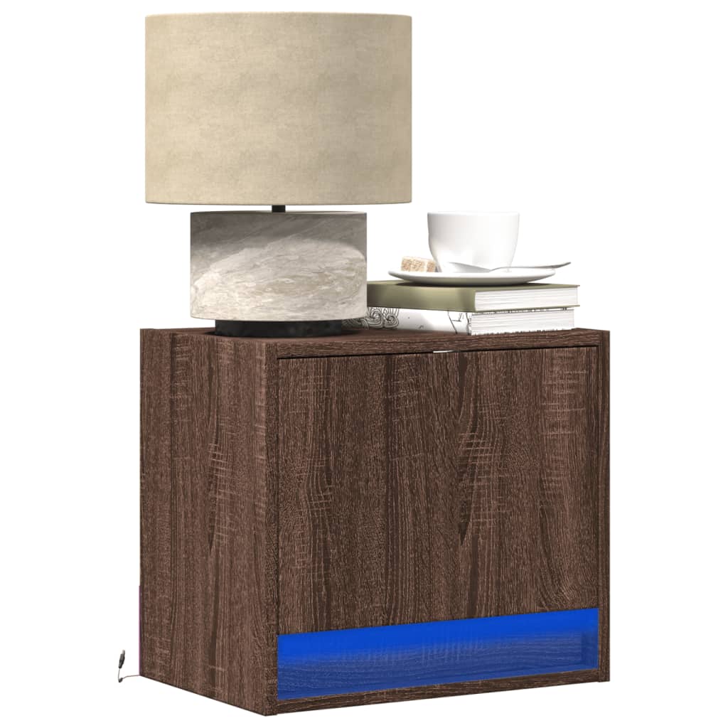 Wall-mounted bedside tables with LED, 2 pcs., brown oak