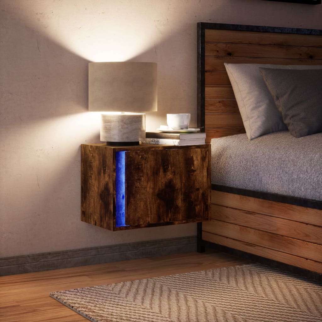 Prie sienos montuojama naktinė spintelė su LED, dūminio ąžuolo
