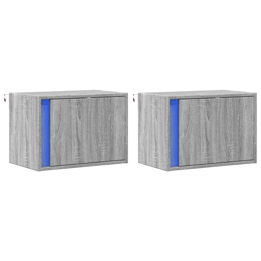 Wall-Mounted Nightstands with LED, 2 pcs., Grey Oak