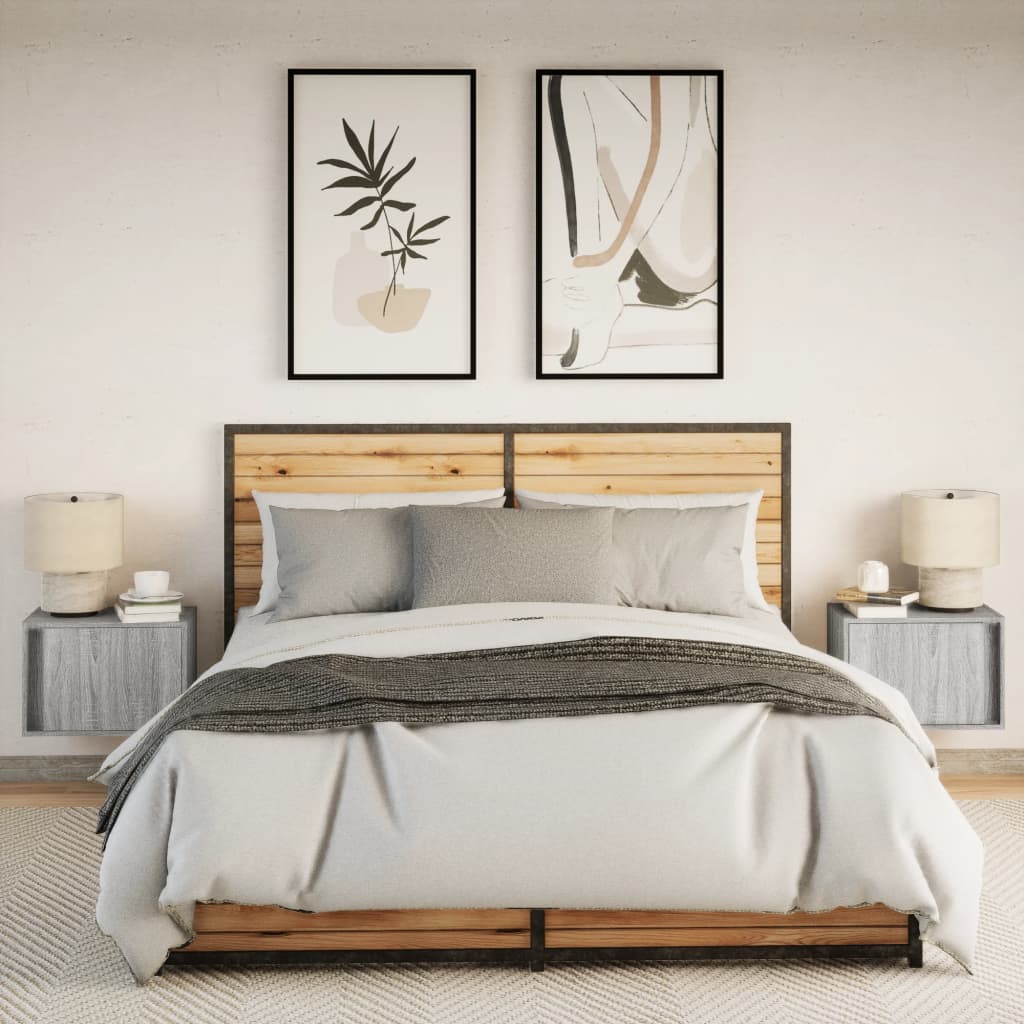 Wall-Mounted Nightstands with LED, 2 pcs., Grey Oak