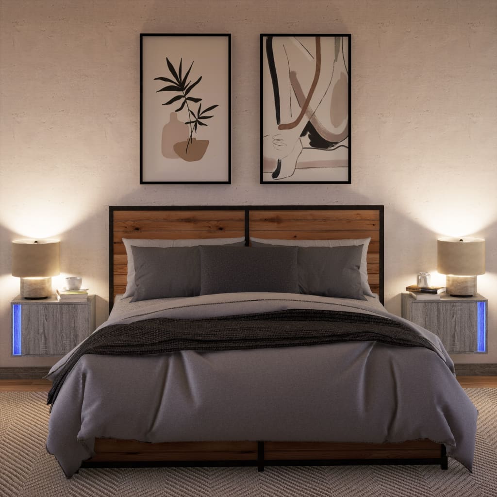 Wall-Mounted Nightstands with LED, 2 pcs., Grey Oak