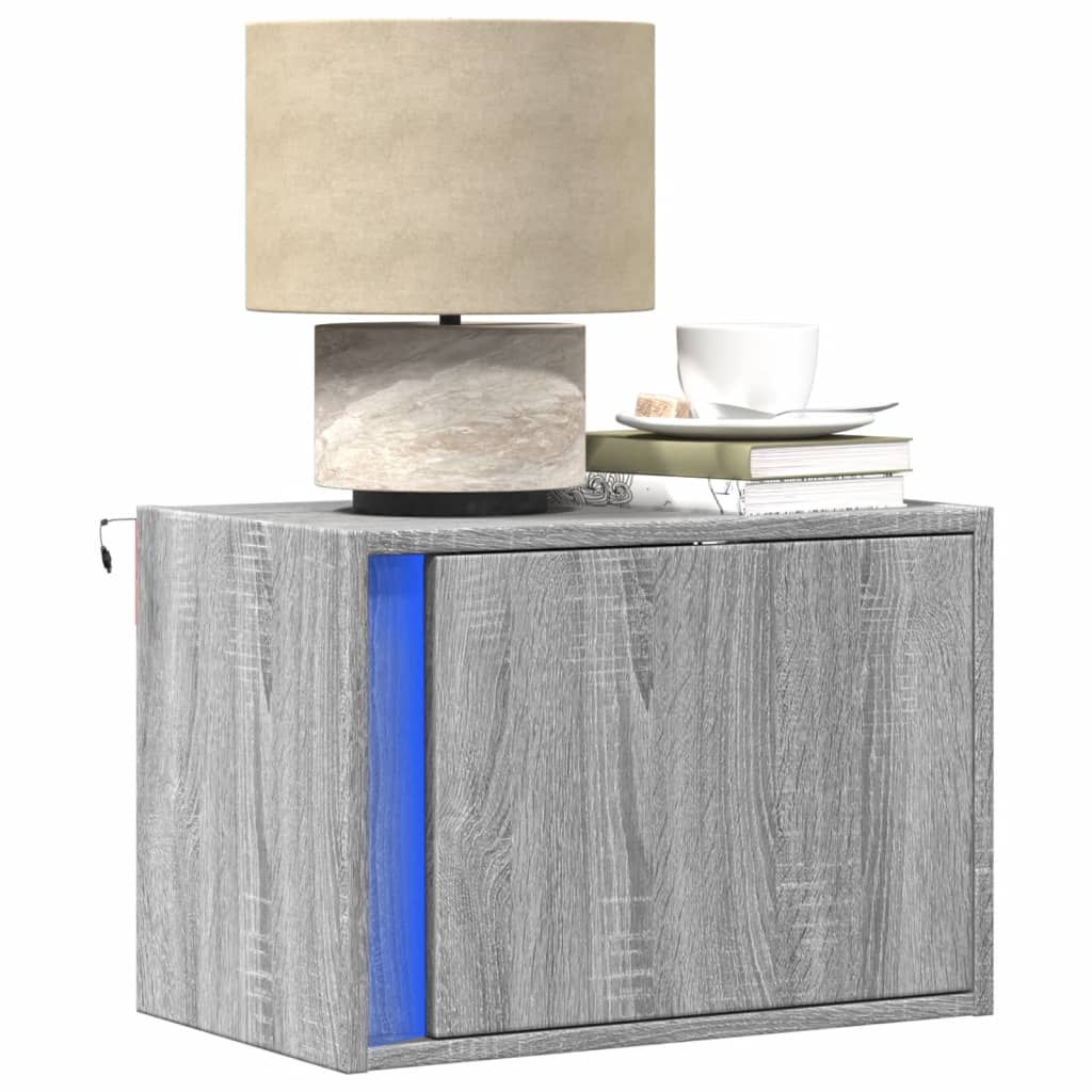 Wall-Mounted Nightstands with LED, 2 pcs., Grey Oak