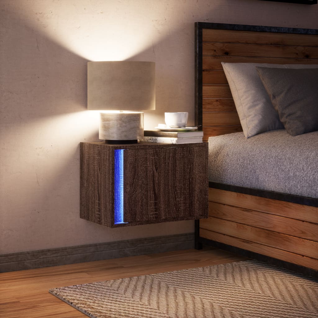 Prie sienos montuojama naktinė spintelė su LED, ruda ąžuolo