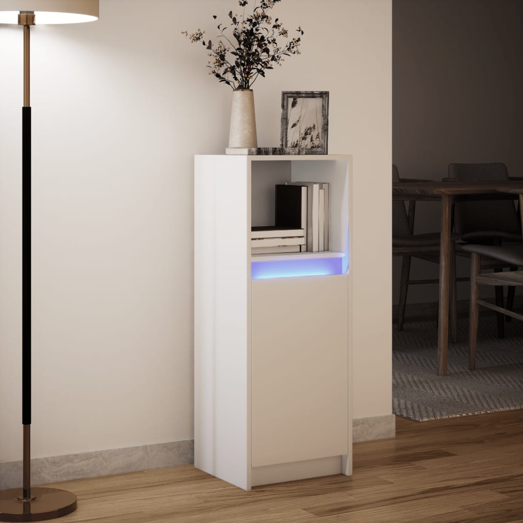 Šoninė spintelė su LED, balta, 38x34x100cm, apdirbta mediena