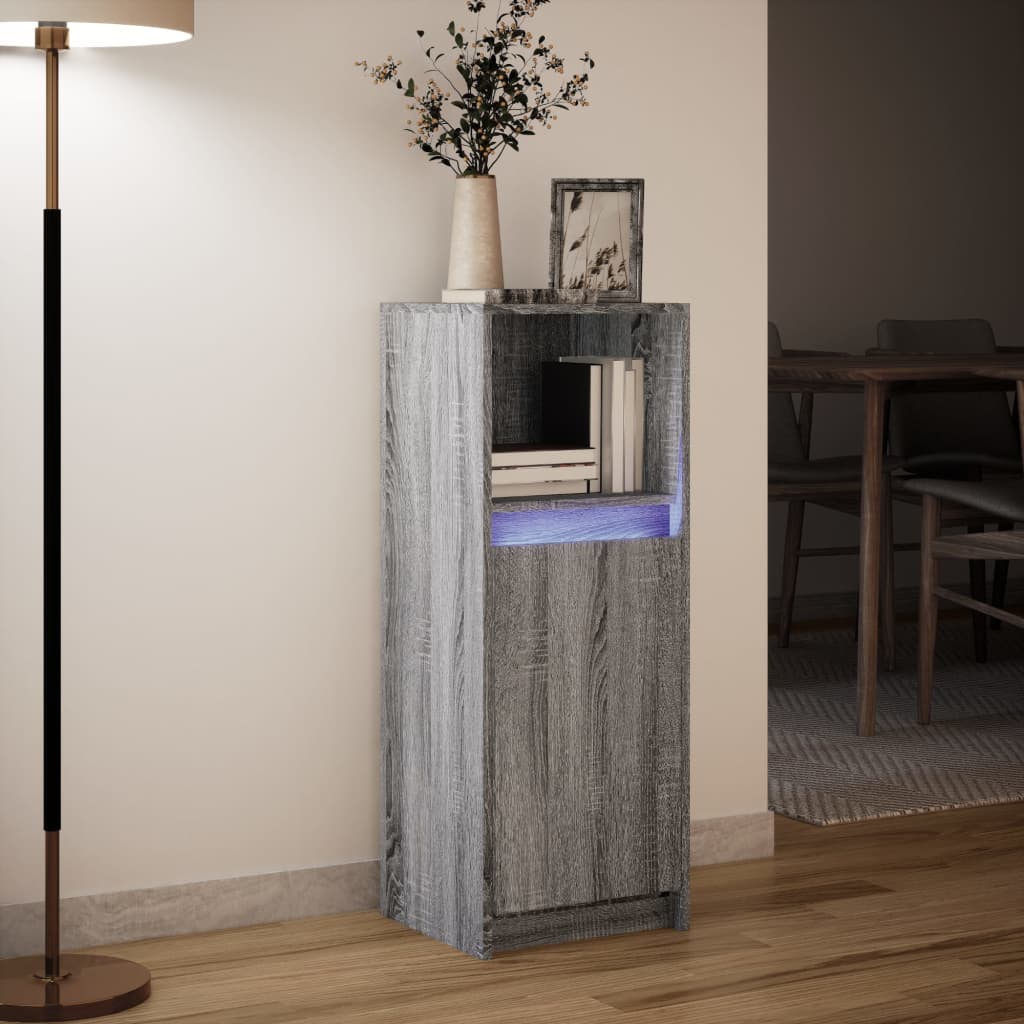 Side cabinet with LED, grey oak, 38x34x100cm, wood