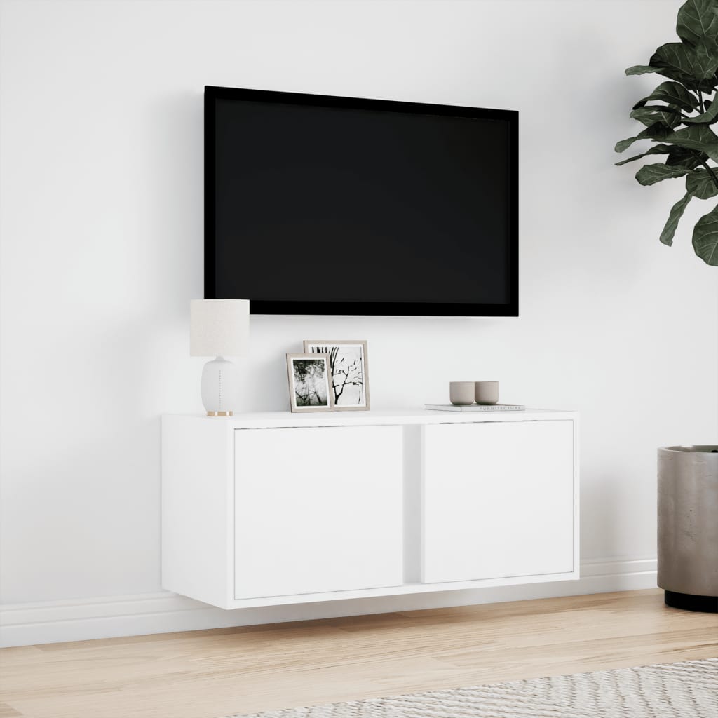 Wall-mounted TV cabinet with LED lights, white, 80x31x35cm