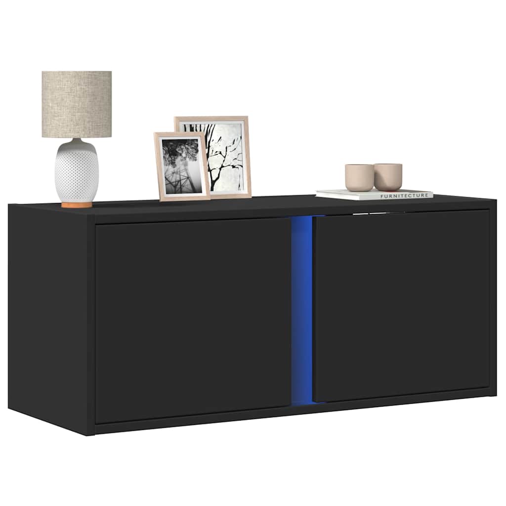 Sieninė TV spintelė su LED lemputėmis, juoda, 80x31x35cm