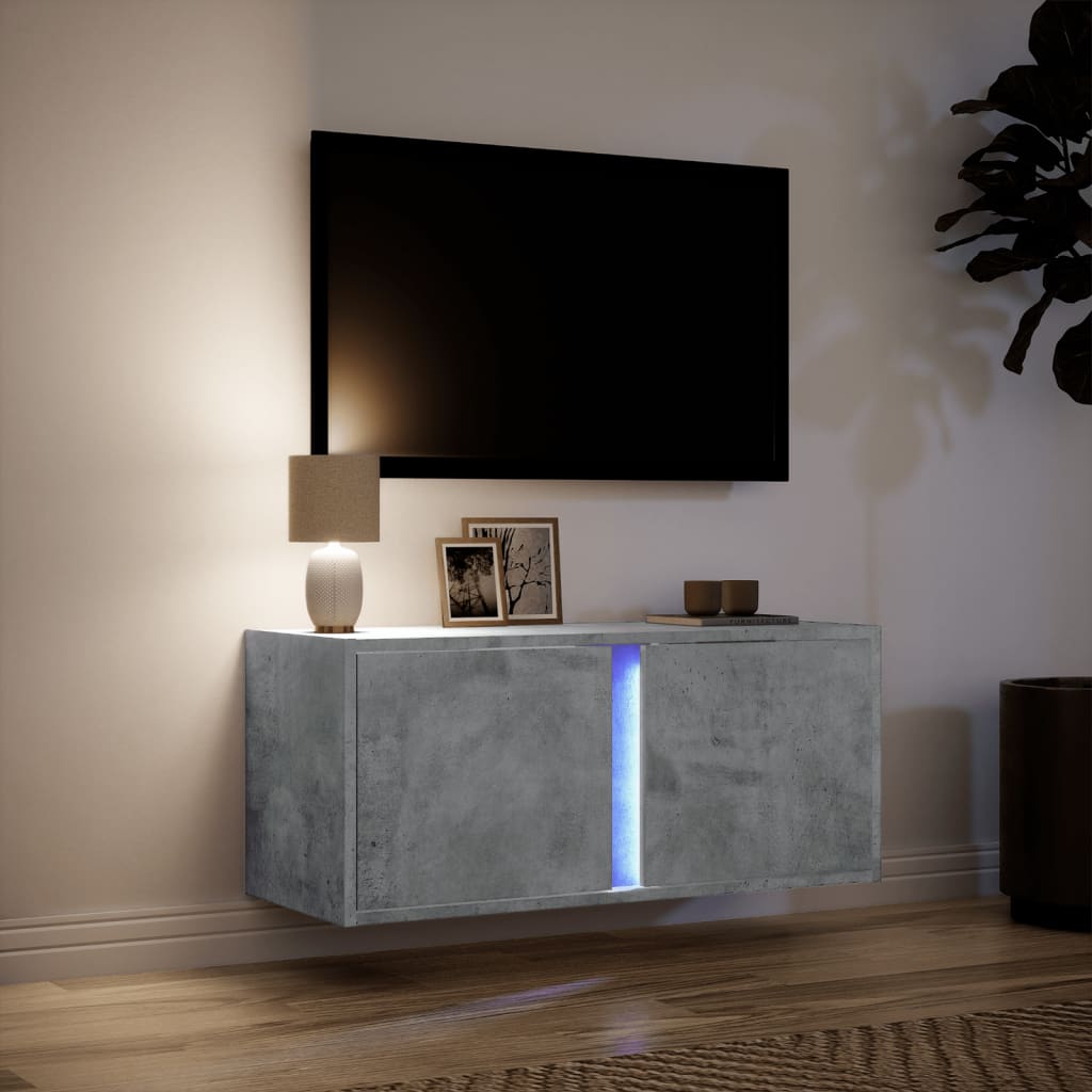 Sieninė TV spintelė su LED lemputėmis, betono, 80x31x35cm