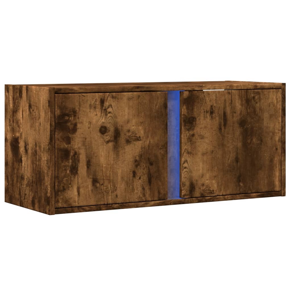 Wall-mounted TV Cabinet with LED Lights, Smoked Glass, 80x31x35cm