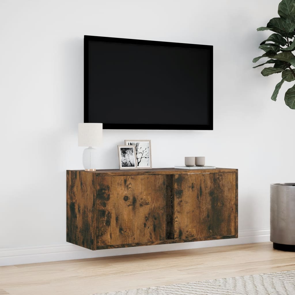 Wall-mounted TV Cabinet with LED Lights, Smoked Glass, 80x31x35cm
