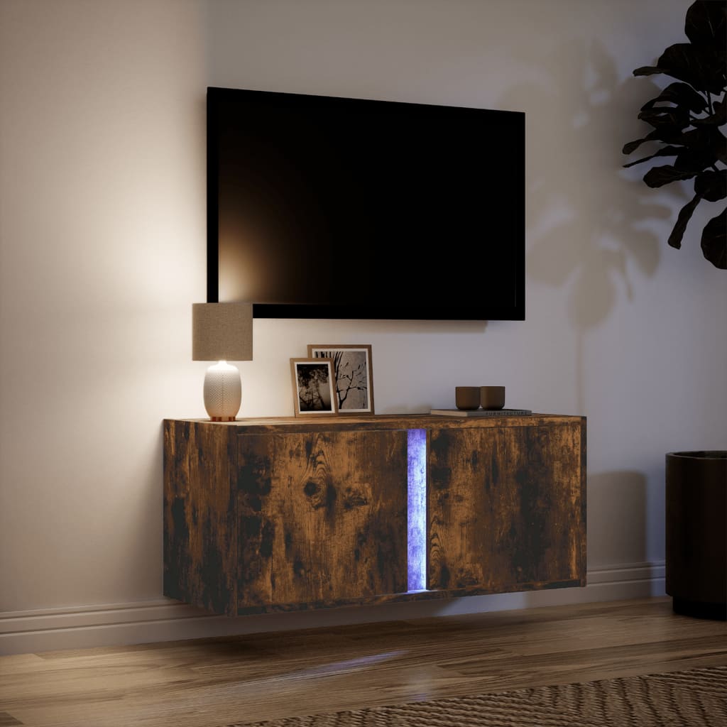 Wall-mounted TV Cabinet with LED Lights, Smoked Glass, 80x31x35cm