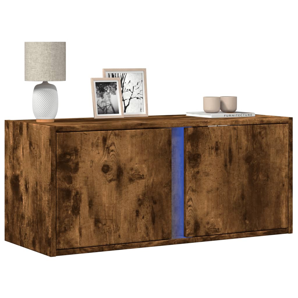 Wall-mounted TV Cabinet with LED Lights, Smoked Glass, 80x31x35cm