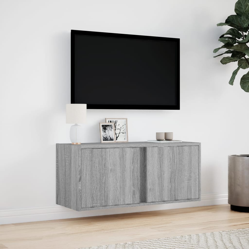 Sieninė TV spintelė su LED lemputėmis, pilka, 80x31x35cm