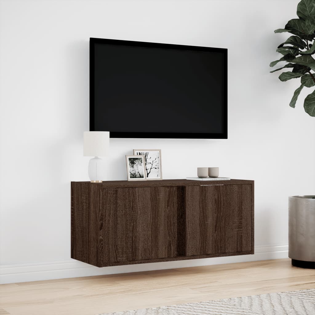 Pie sienas stiprināms TV skapītis ar LED apgaismojumu, brūns ozols, 80x31x35 cm