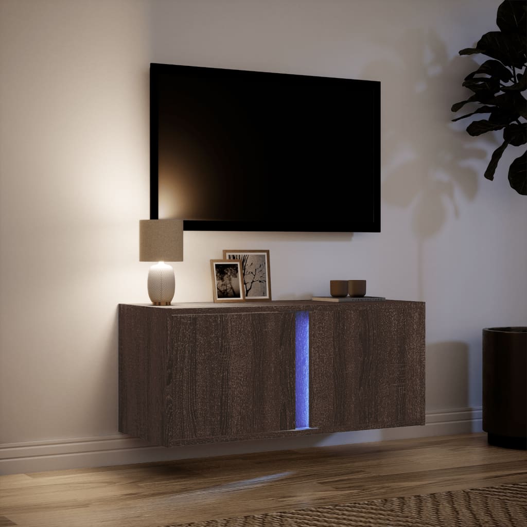 Pie sienas stiprināms TV skapītis ar LED apgaismojumu, brūns ozols, 80x31x35 cm