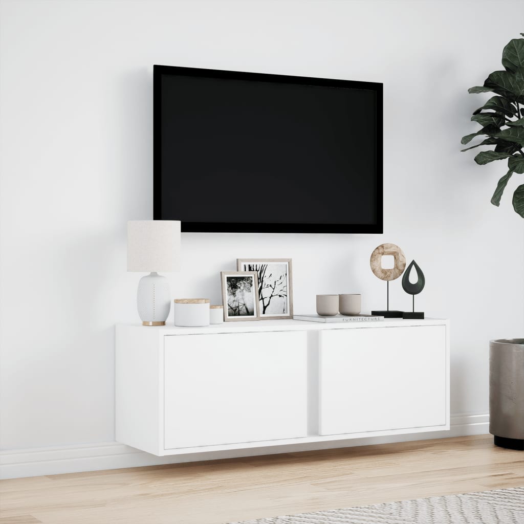 Sieninė TV spintelė su LED lemputėmis, balta, 100x31x35cm