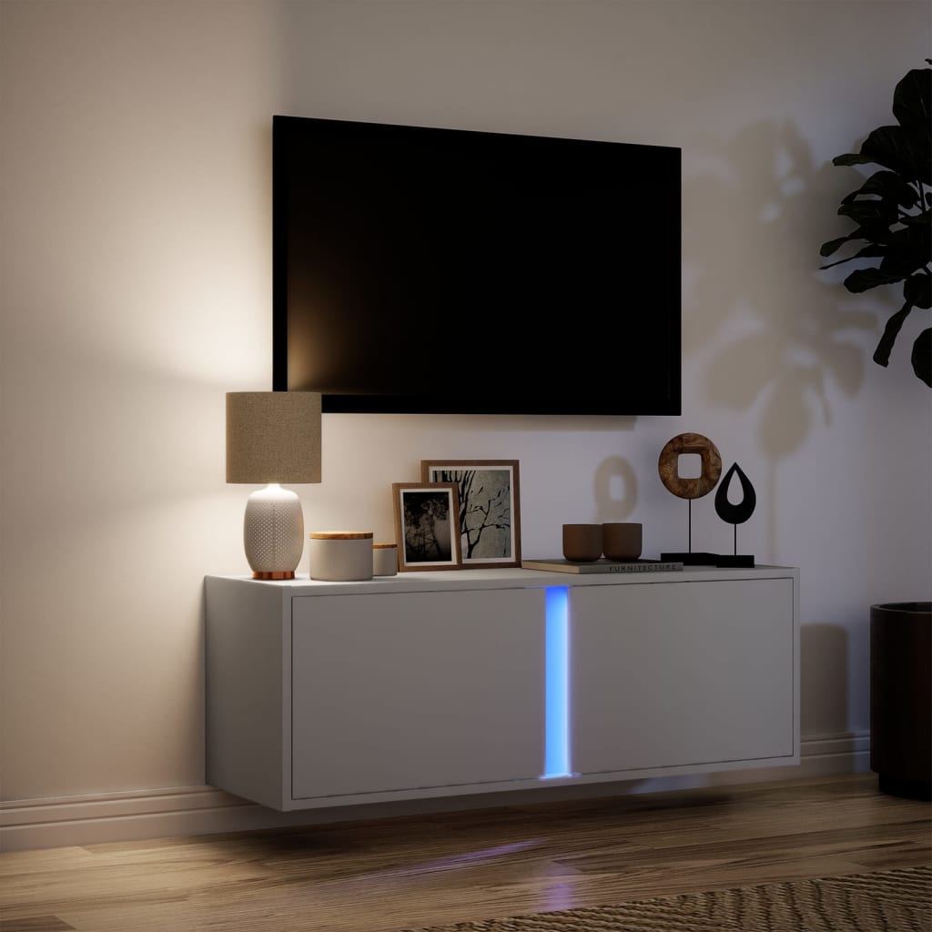 Sieninė TV spintelė su LED lemputėmis, balta, 100x31x35cm