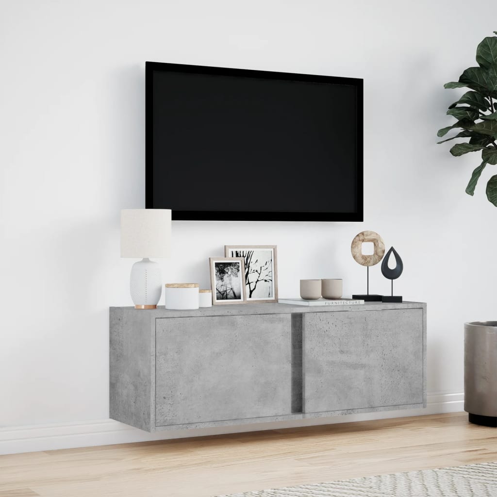 Wall-mounted TV Cabinet with LED Lights, Concrete Grey, 100x31x35 cm