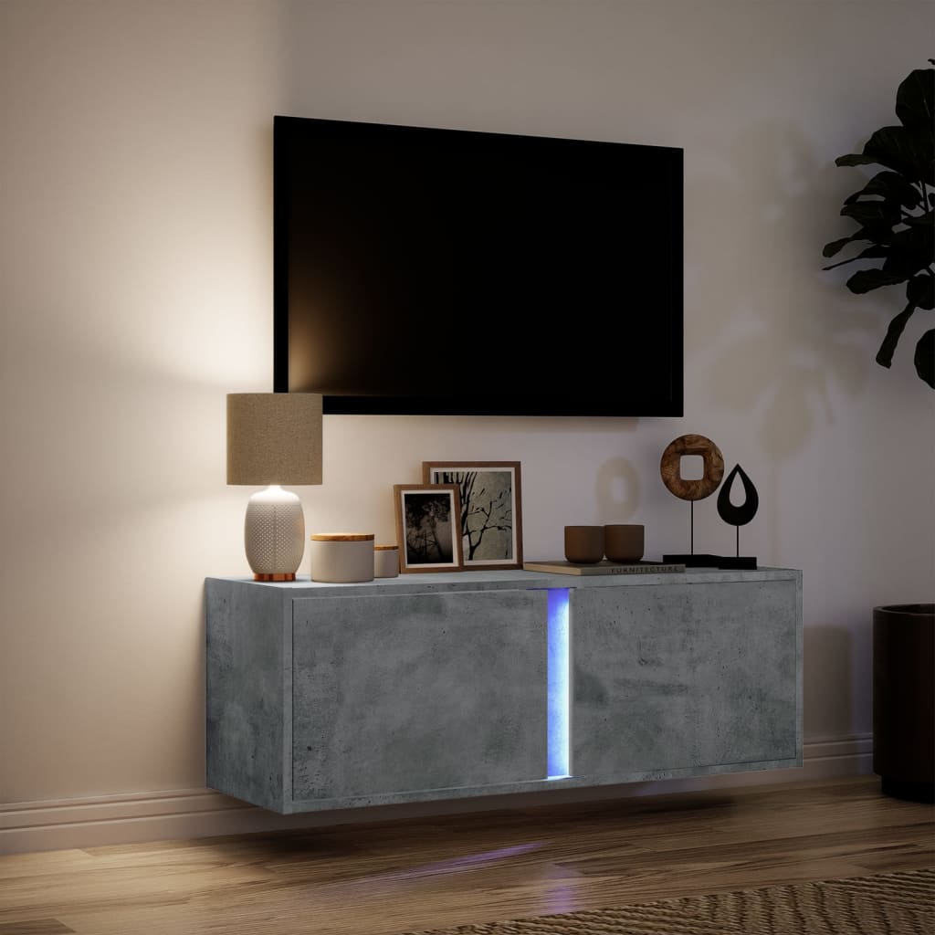 Wall-mounted TV Cabinet with LED Lights, Concrete Grey, 100x31x35 cm