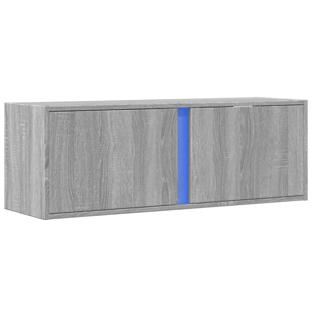 Wall-mounted TV cabinet with LED lights, grey, 100x31x35 cm