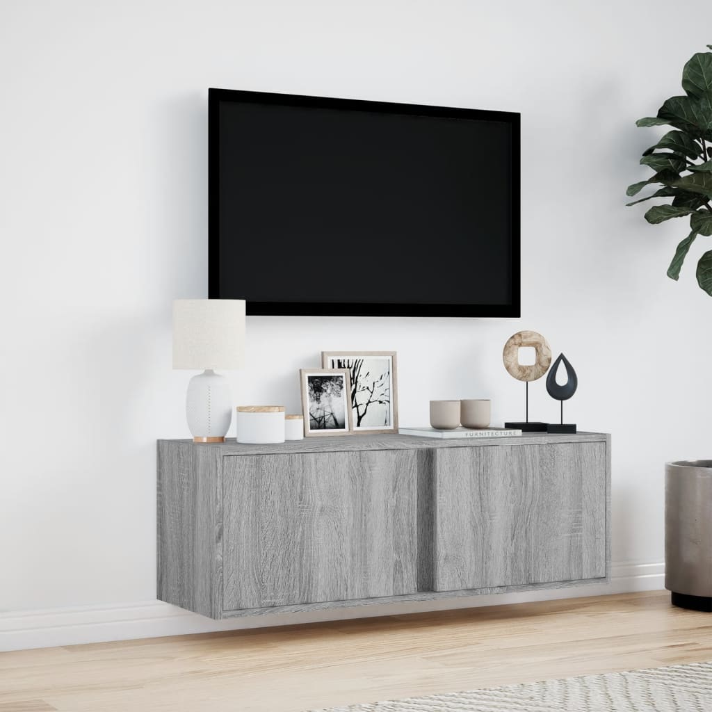 Wall-mounted TV cabinet with LED lights, grey, 100x31x35 cm