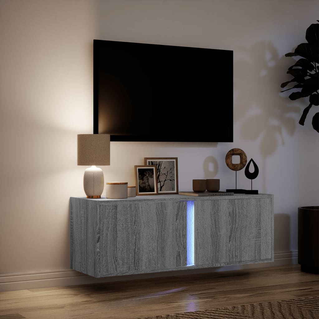 Wall-mounted TV cabinet with LED lights, grey, 100x31x35 cm