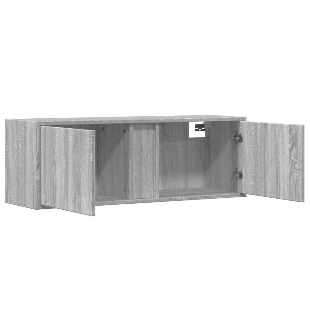 Wall-mounted TV cabinet with LED lights, grey, 100x31x35 cm