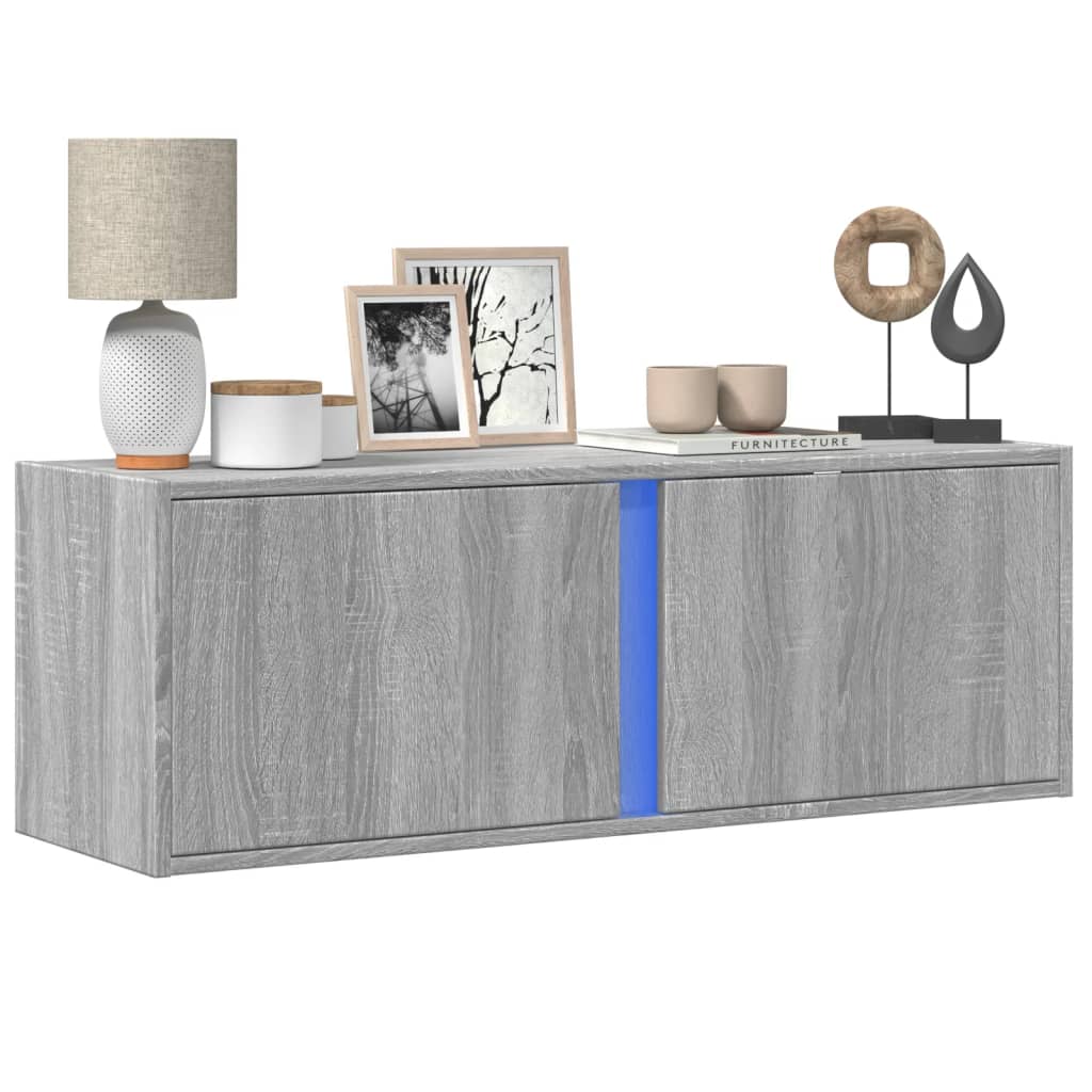 Wall-mounted TV cabinet with LED lights, grey, 100x31x35 cm