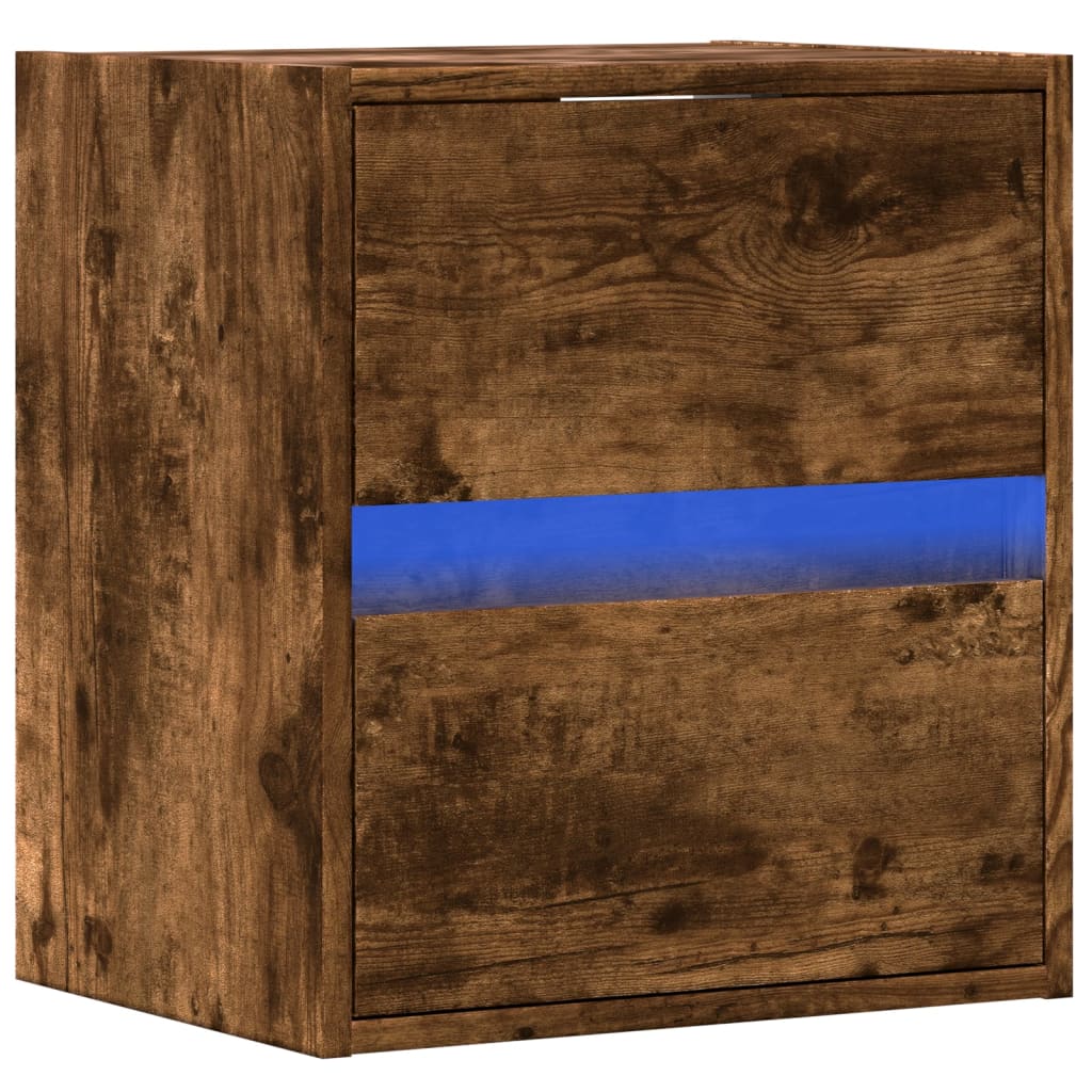 Pie sienas stiprināms TV skapītis ar LED apgaismojumu, dūmu stikla krāsā, 41x31x45 cm