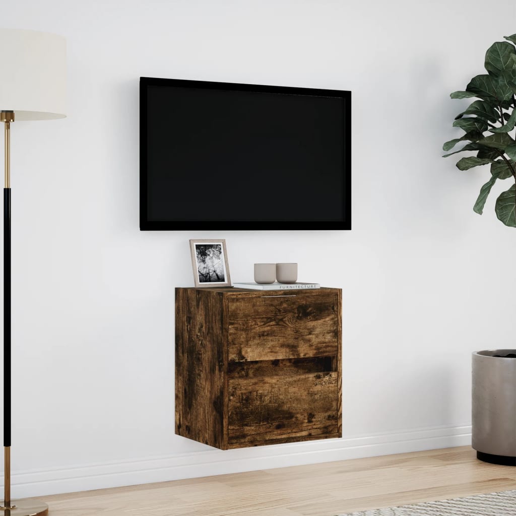 Pie sienas stiprināms TV skapītis ar LED apgaismojumu, dūmu stikla krāsā, 41x31x45 cm