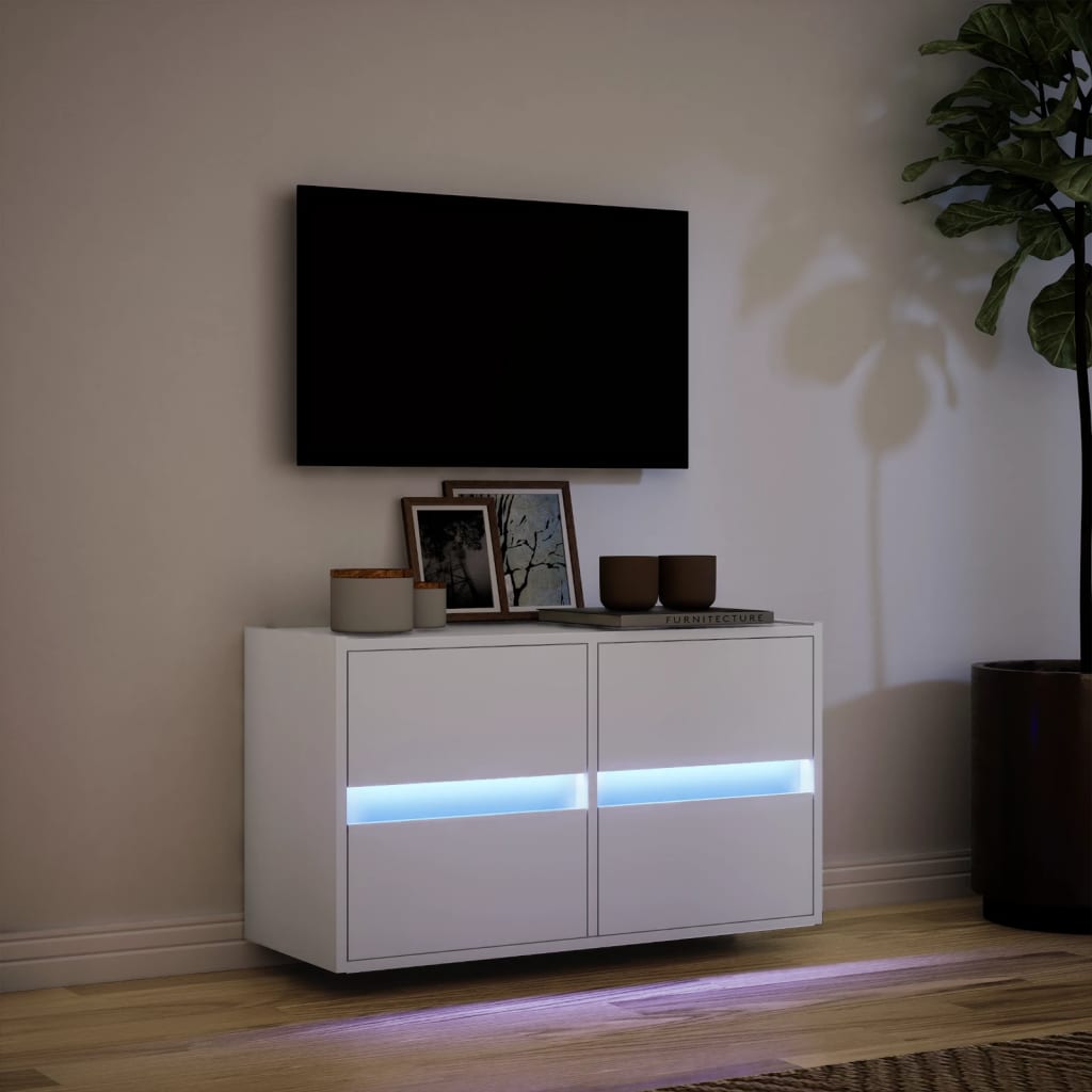 Sieninė TV spintelė su LED lemputėmis, balta, 80x31x45cm