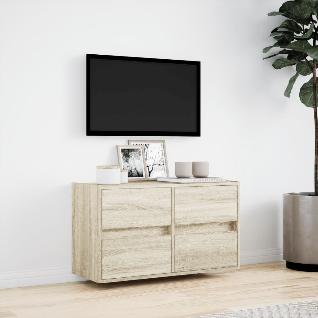 Wall-mounted TV cabinet with LED lights, oak, 80x31x45cm