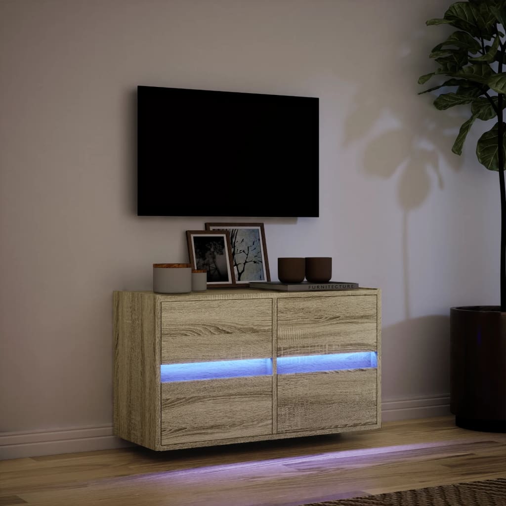 Wall-mounted TV cabinet with LED lights, oak, 80x31x45cm