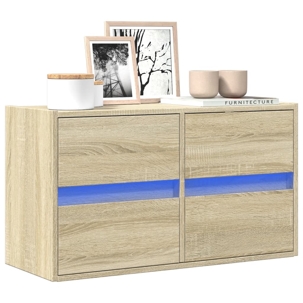 Wall-mounted TV cabinet with LED lights, oak, 80x31x45cm