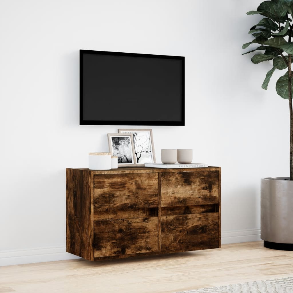 Sieninė TV spintelė su LED lemputėmis, dūminė, 80x31x45cm