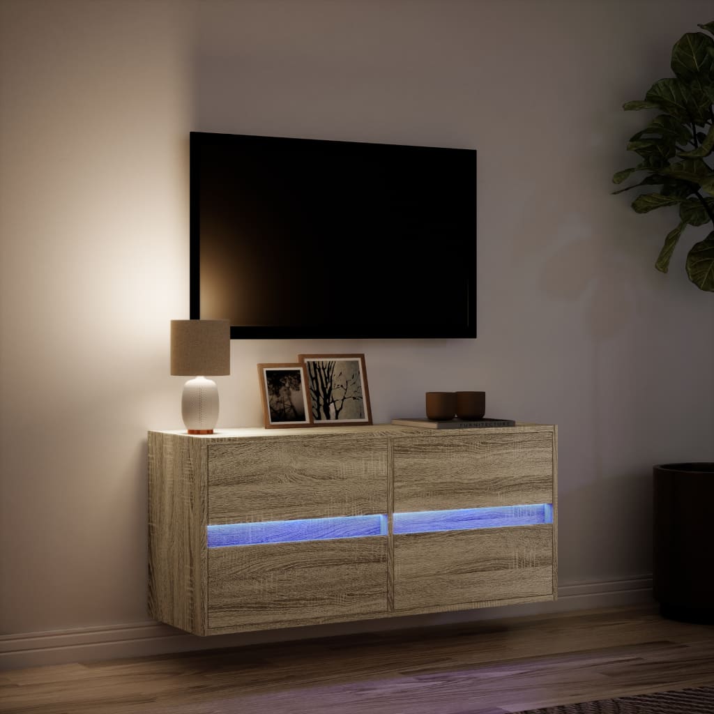 Sieninė TV spintelė su LED lemputėmis, ąžuolo, 100x31x45cm