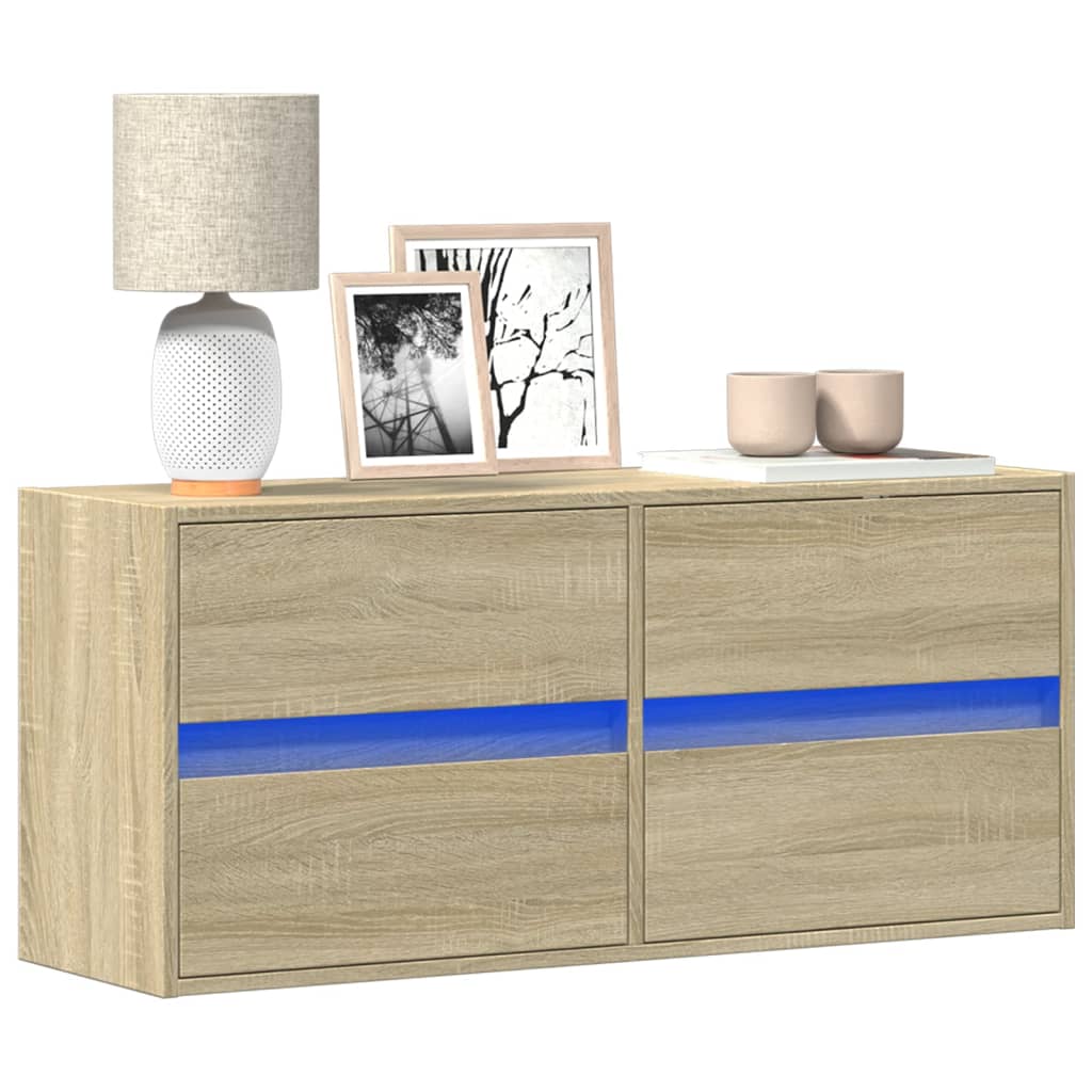 Wall-mounted TV cabinet with LED lights, oak, 100x31x45cm