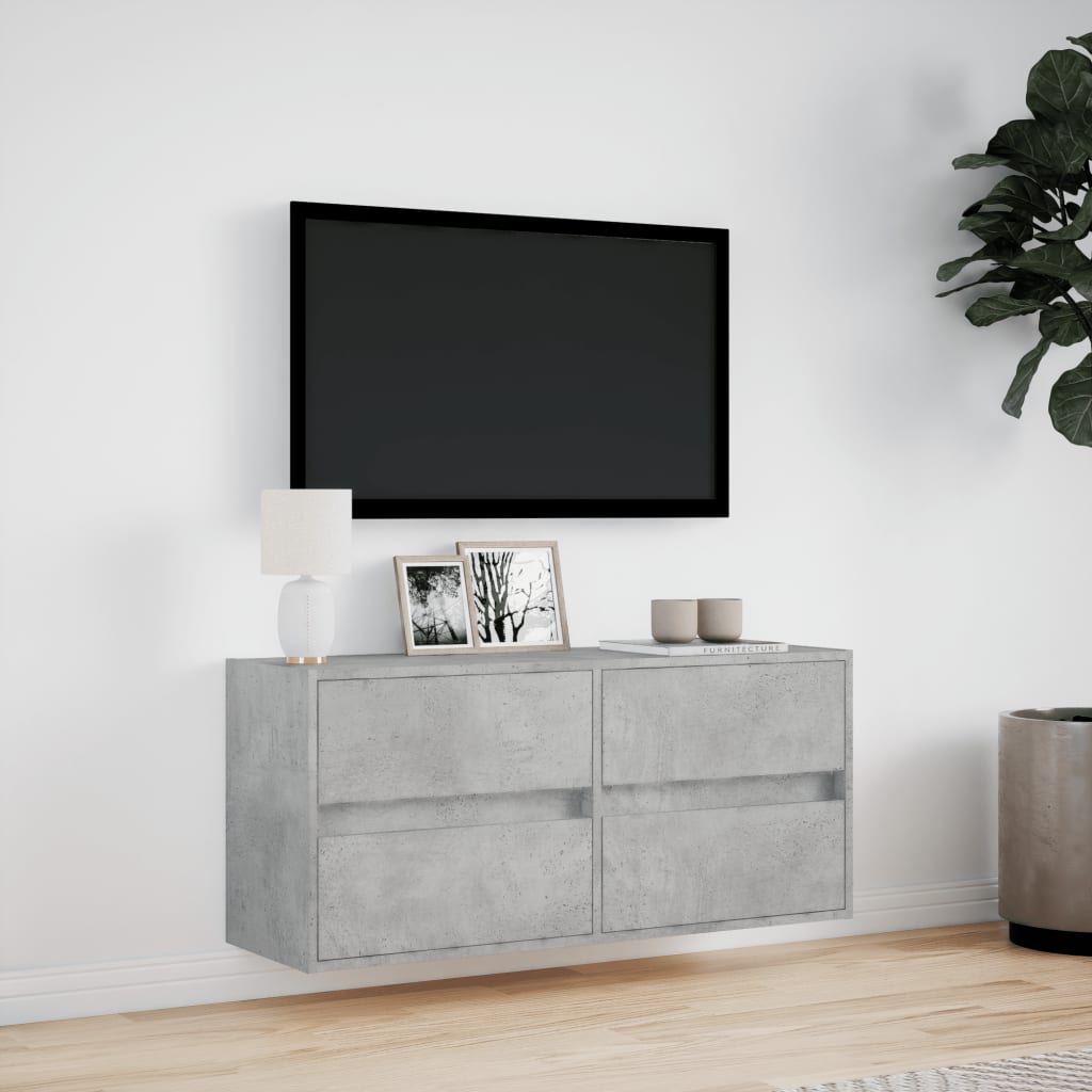 Sieninė TV spintelė su LED lemputėmis, betono, 100x31x45cm