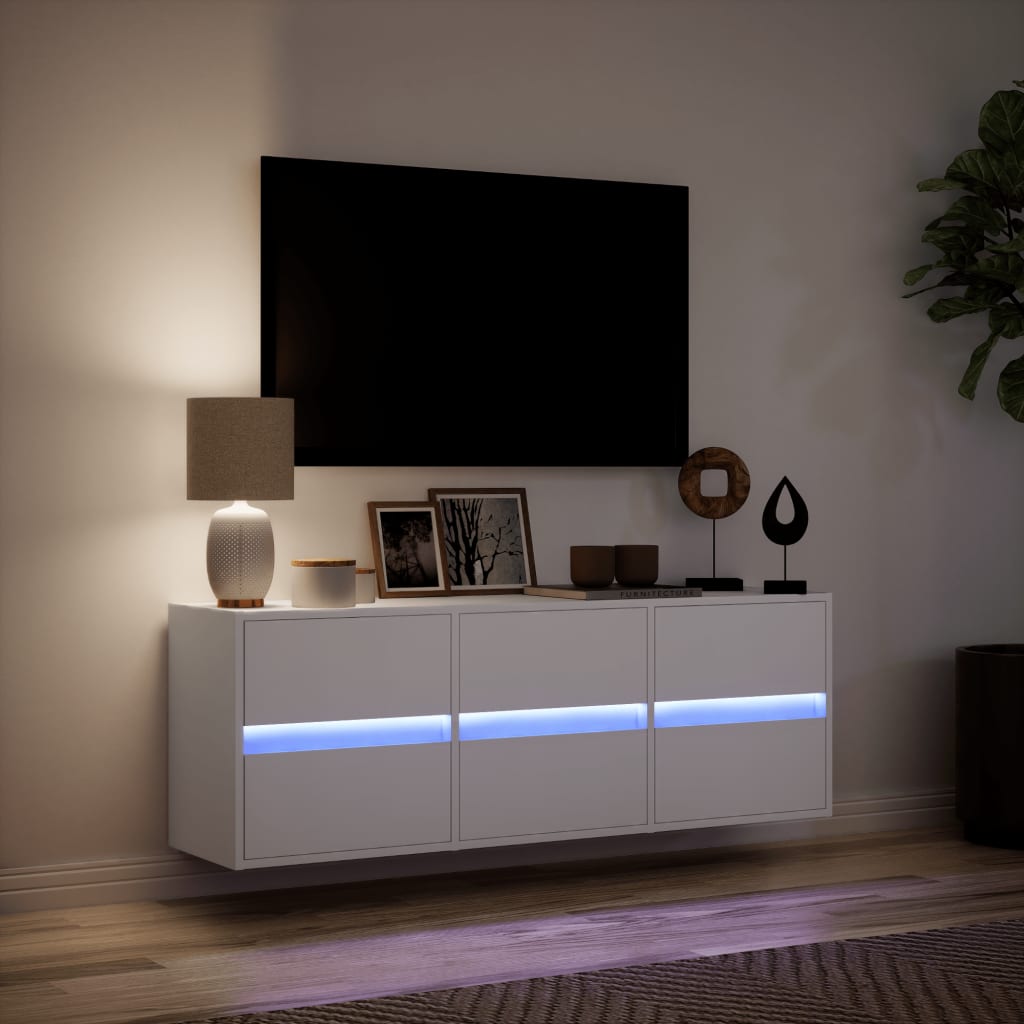 Sienas televizora skapītis ar LED apgaismojumu, balts, 130x31x45 cm