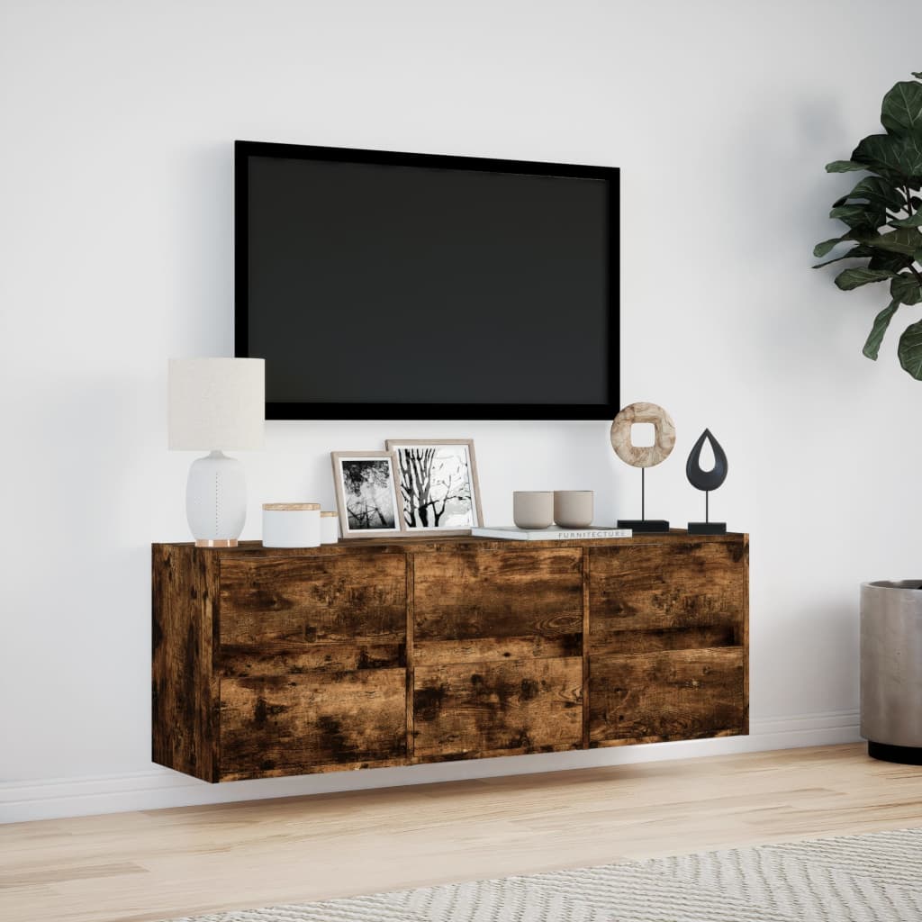 Wall-mounted TV cabinet with LED lights, smoke, 130x31x45 cm