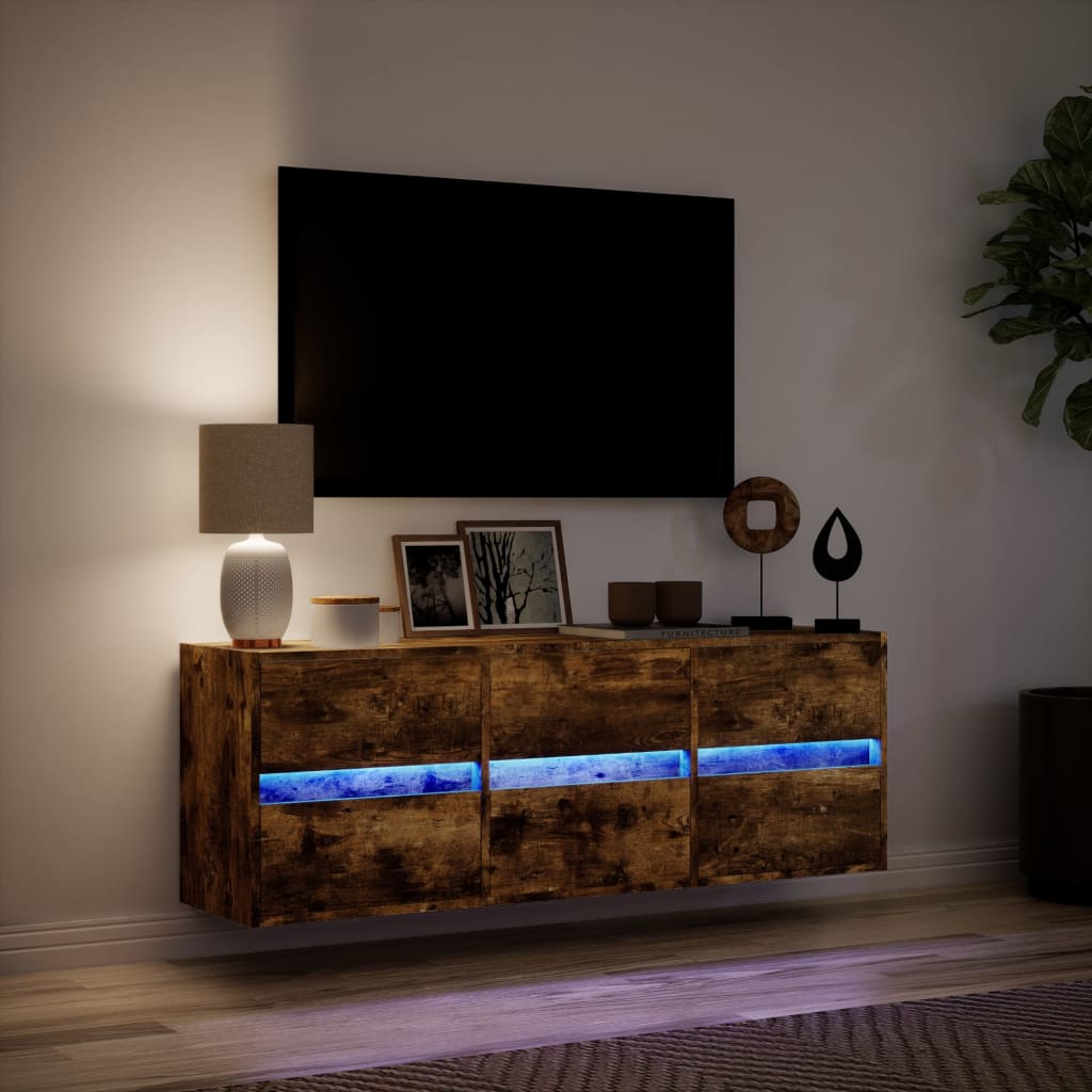 Wall-mounted TV cabinet with LED lights, smoke, 130x31x45 cm