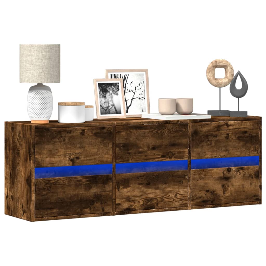 Wall-mounted TV cabinet with LED lights, smoke, 130x31x45 cm