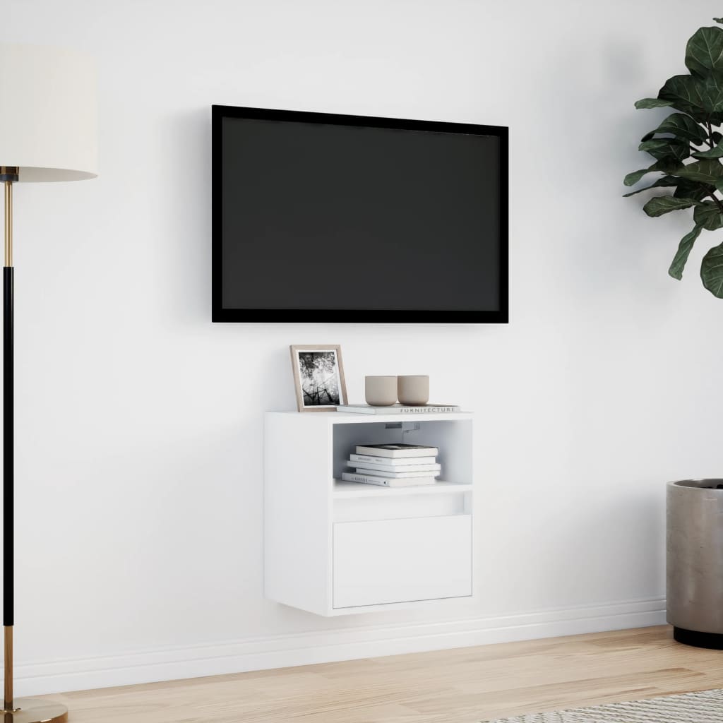 Wall-mounted TV cabinet with LED lights, white, 41x31x45cm