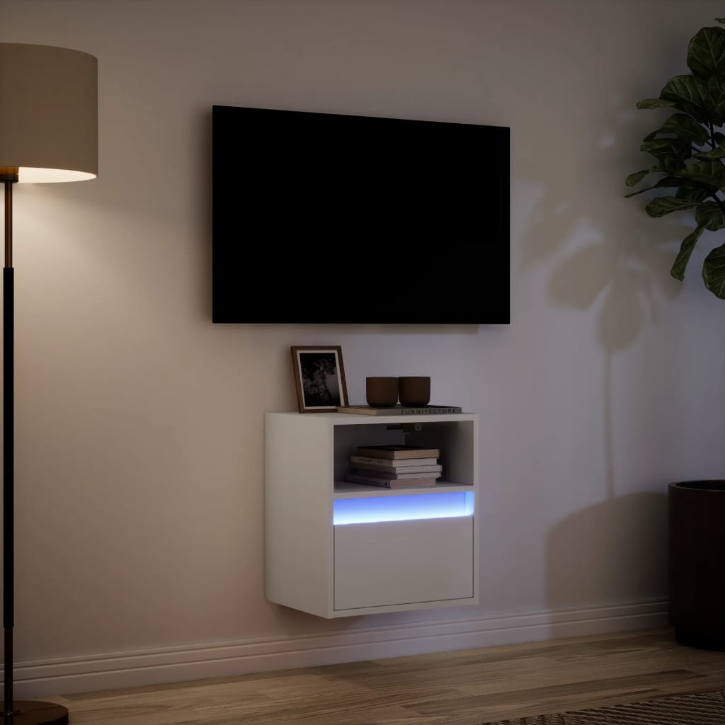 Wall-mounted TV cabinet with LED lights, white, 41x31x45cm
