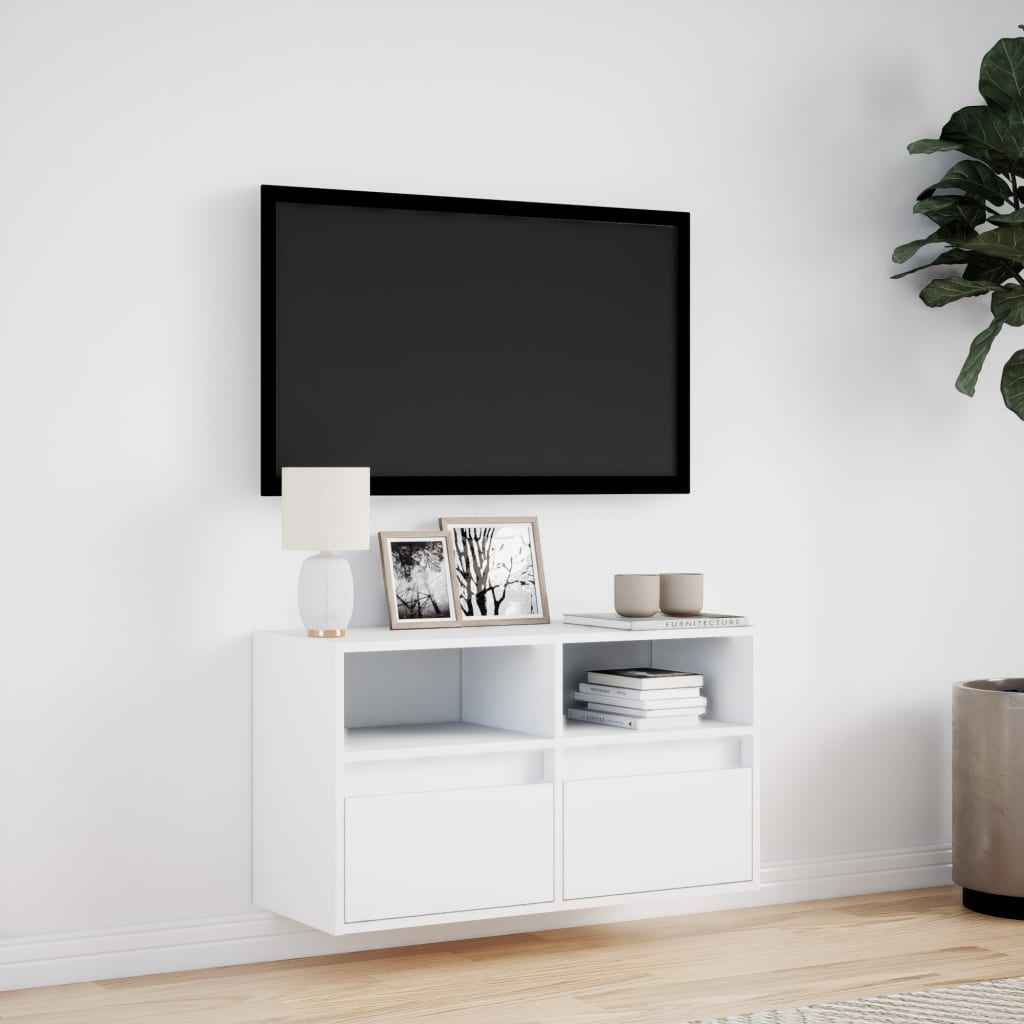 Pie sienas stiprināms TV skapītis ar LED gaismām, balts, 80x31x45cm
