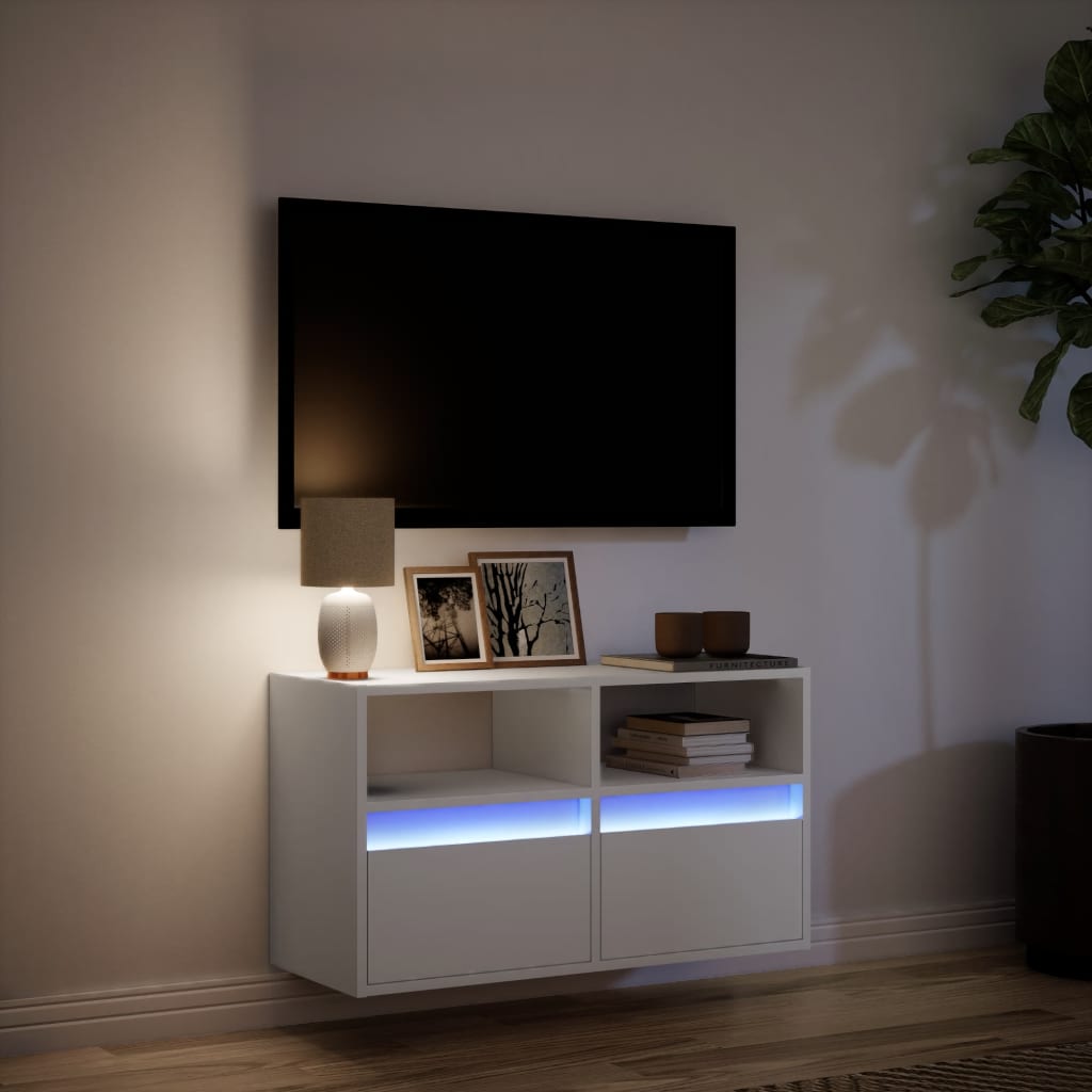 Sieninė TV spintelė su LED lemputėmis, balta, 80x31x45cm
